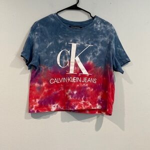 Blue and Red Tie Dye Cropped Calvin Klein Short Sleeve Shirt-Size Extra Small XS